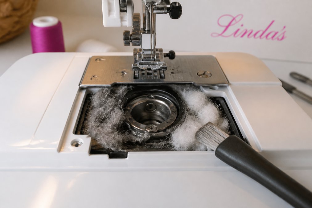 Infographic showing thread lint buildup in a sewing machine for a Missouri Quilt Co vs Connecting Threads analysis