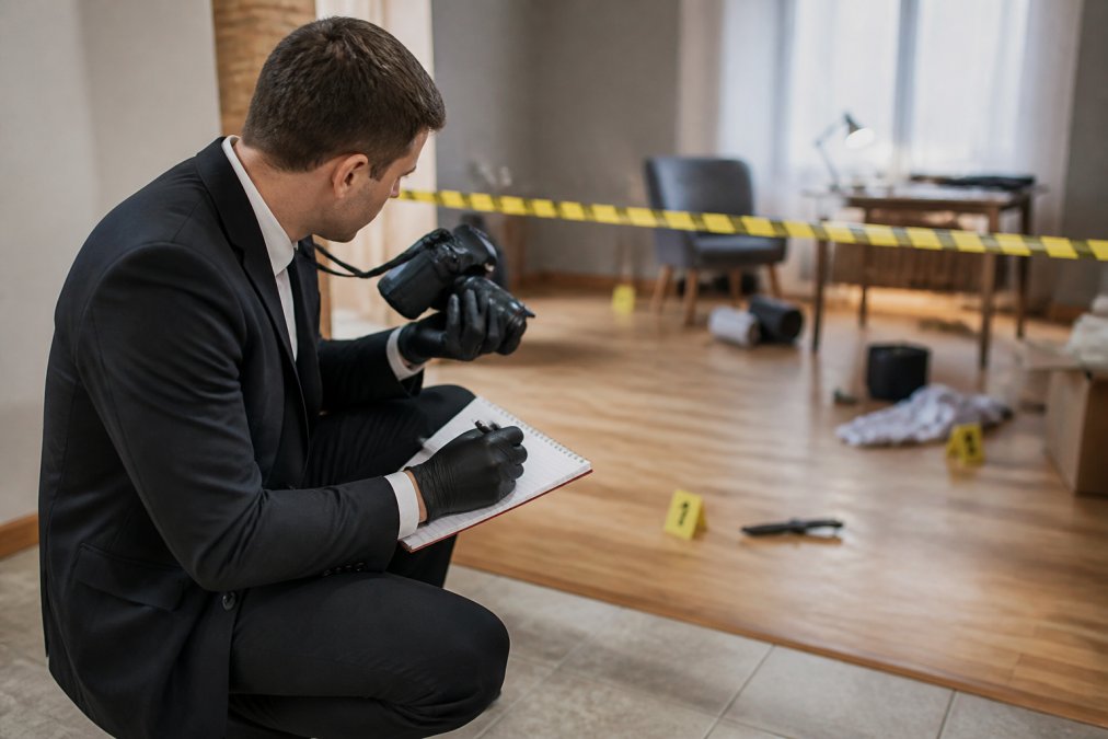 Licensed investigator documenting a crime scene with professional camera equipment and detailed notebook, wearing business attire in an indoor evidence collection setting with natural lighting