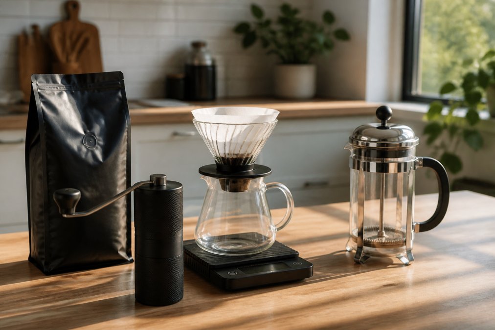 Pour over dripper, French press, and coffee gear for a mistobox alternative setup on a sunlit kitchen counter