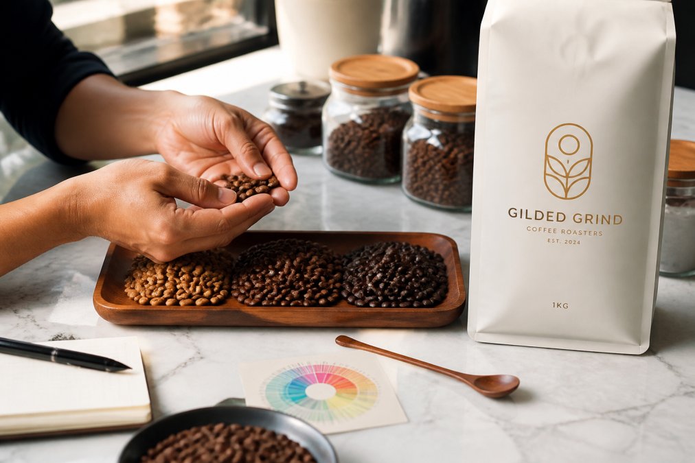 Close-up of hands examining whole coffee beans in natural light, with visible color gradations from light to dark roasts, tasting notes card positioned nearby on a marble surface