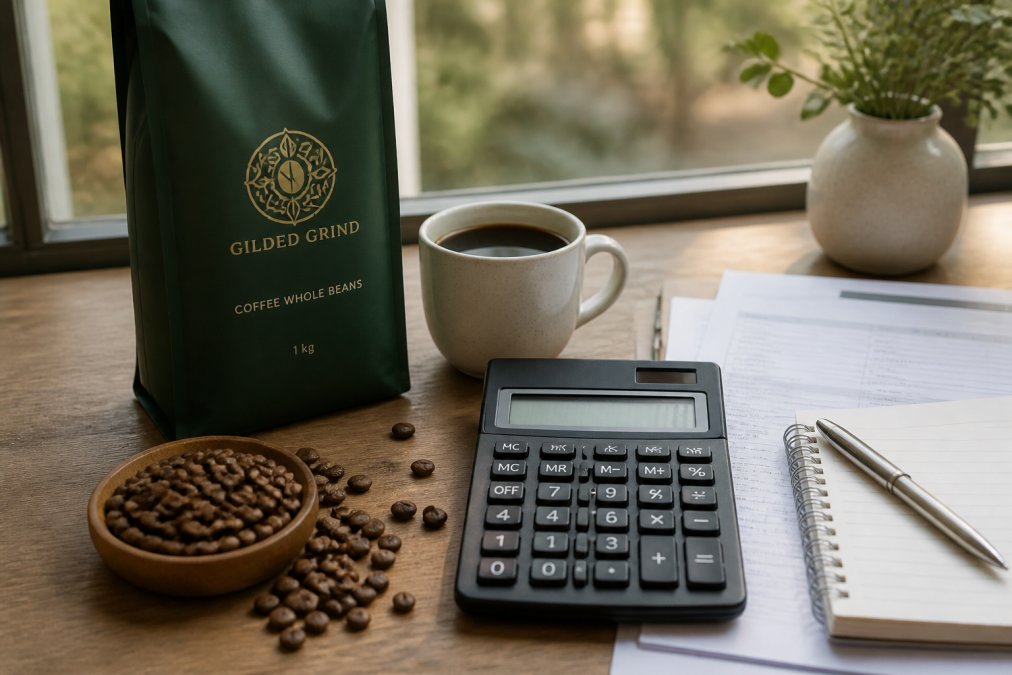 Overhead view of pour-over coffee setup with freshly roasted whole beans scattered on wooden surface, digital scale displaying weight, brewing vessel positioned nearby, natural window lighting