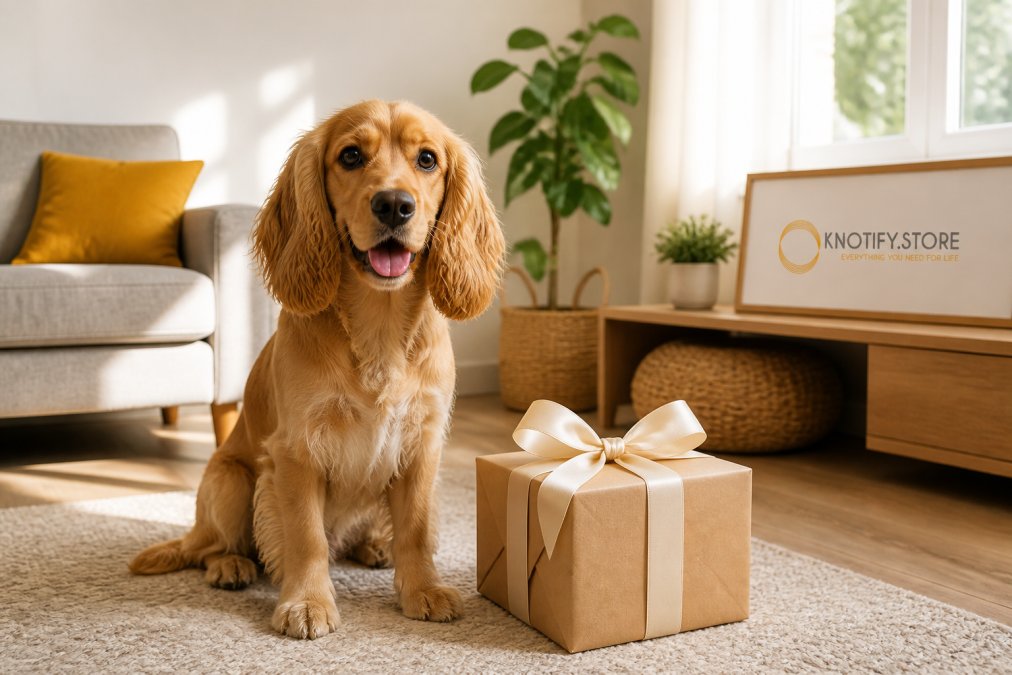 A one-year-old dog sitting next to a wrapped gift box with a ribbon, bright living room with natural light