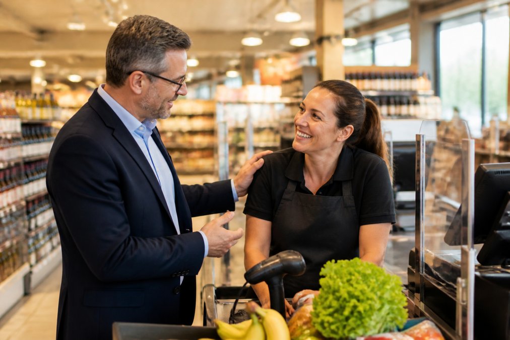Geschäftsführer im Gespräch mit einem Mitarbeiter im Supermarkt für die Mitarbeiterbindung im Lebensmittelhandel Strategien