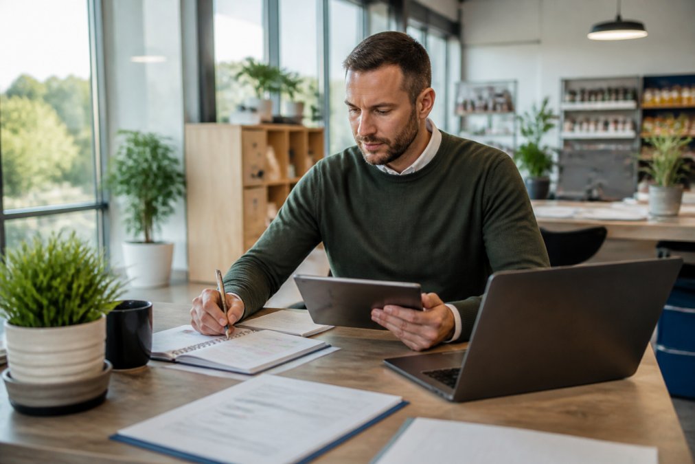 Personalleiter analysiert digitale Dienstpläne am Laptop für moderne Mitarbeiterbindung im Lebensmittelhandel Strategien