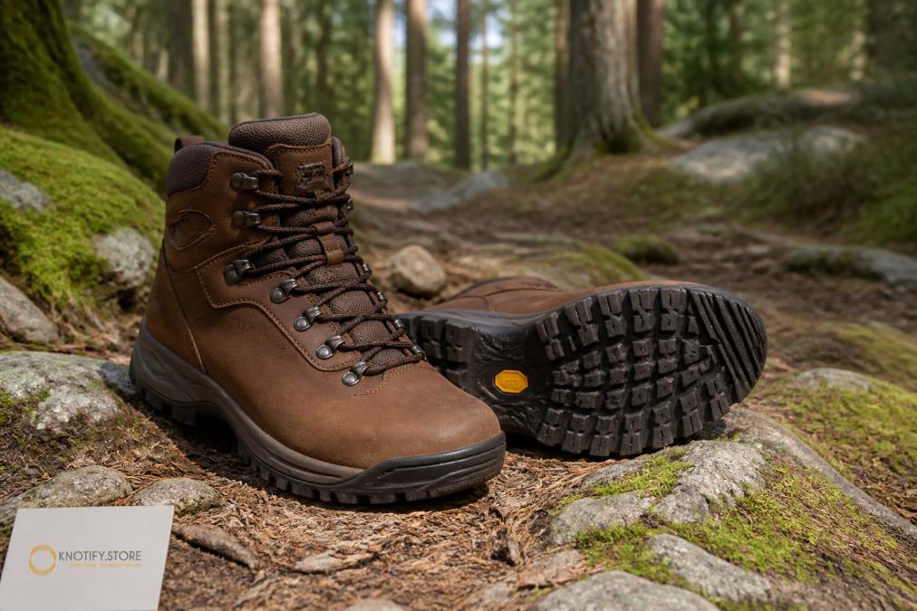A pair of brown nubuck leather hiking boots standing on a rocky forest trail with green moss and pine trees in the background, soft natural daylight, close-up shot showing the Vibram sole and waterproof leather texture