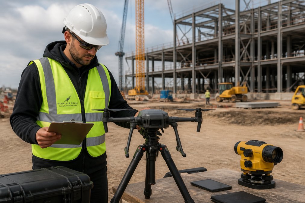 A certified drone pilot in a high-visibility vest conducting a pre-flight check of a quadcopter on a tripod at a construction site, with a surveyor's level and checklist in hand, cranes and steel framework in the background