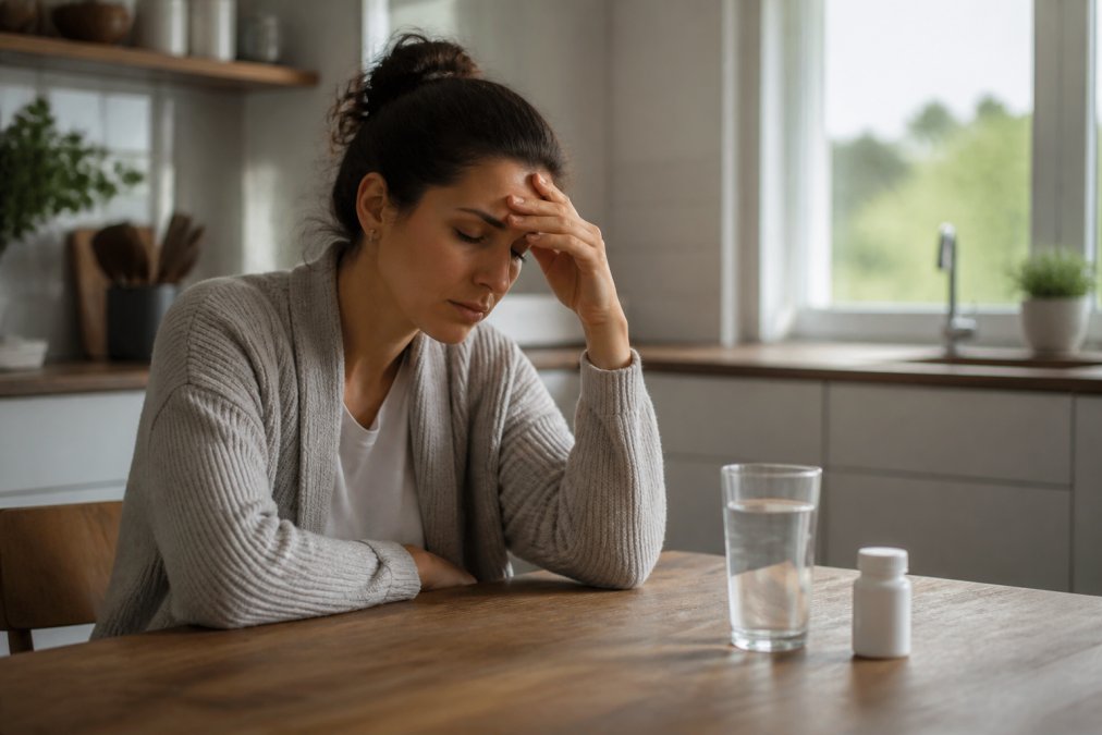A person sitting at a kitchen table in the morning, looking tired, with a glass of water and a small pill bottle nearby, soft natural light through a window