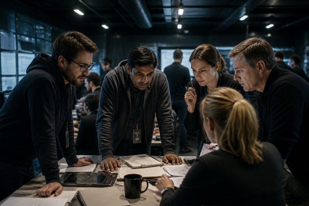 Security team members in a modern control room reviewing code on multiple monitors and analyzing real-time dashboards, collaborating on risk assessment with focused expressions