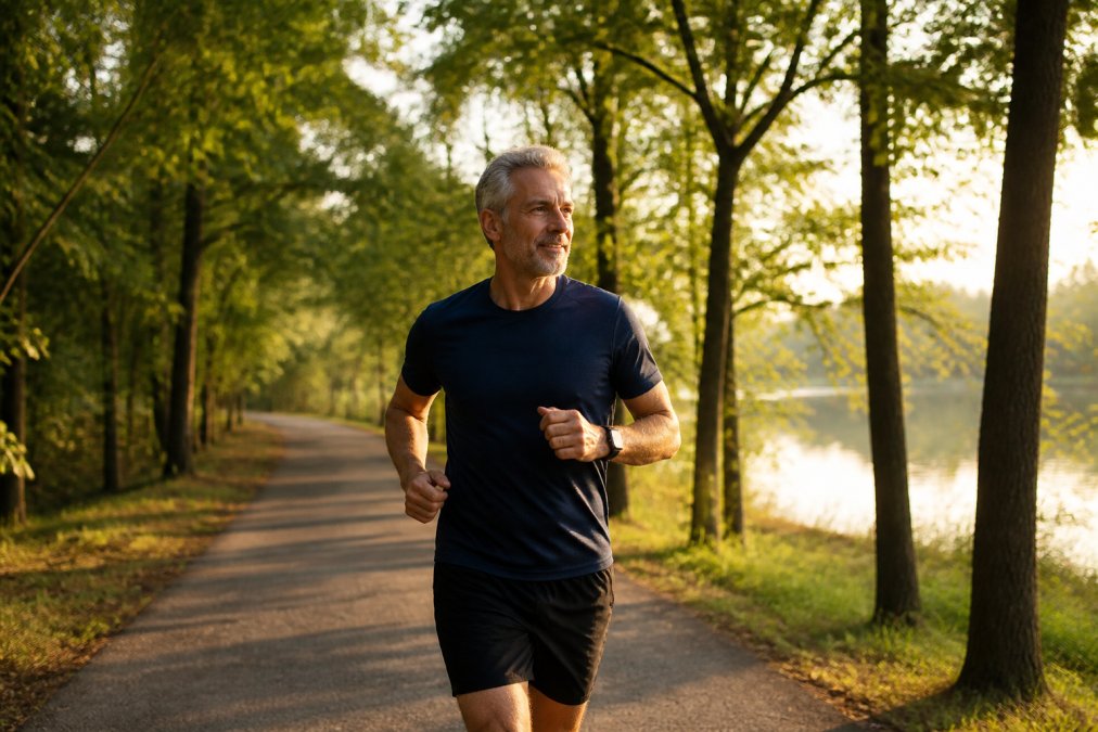 Fit person in their 50s jogging at sunrise to support mitochondrial health and energy levels