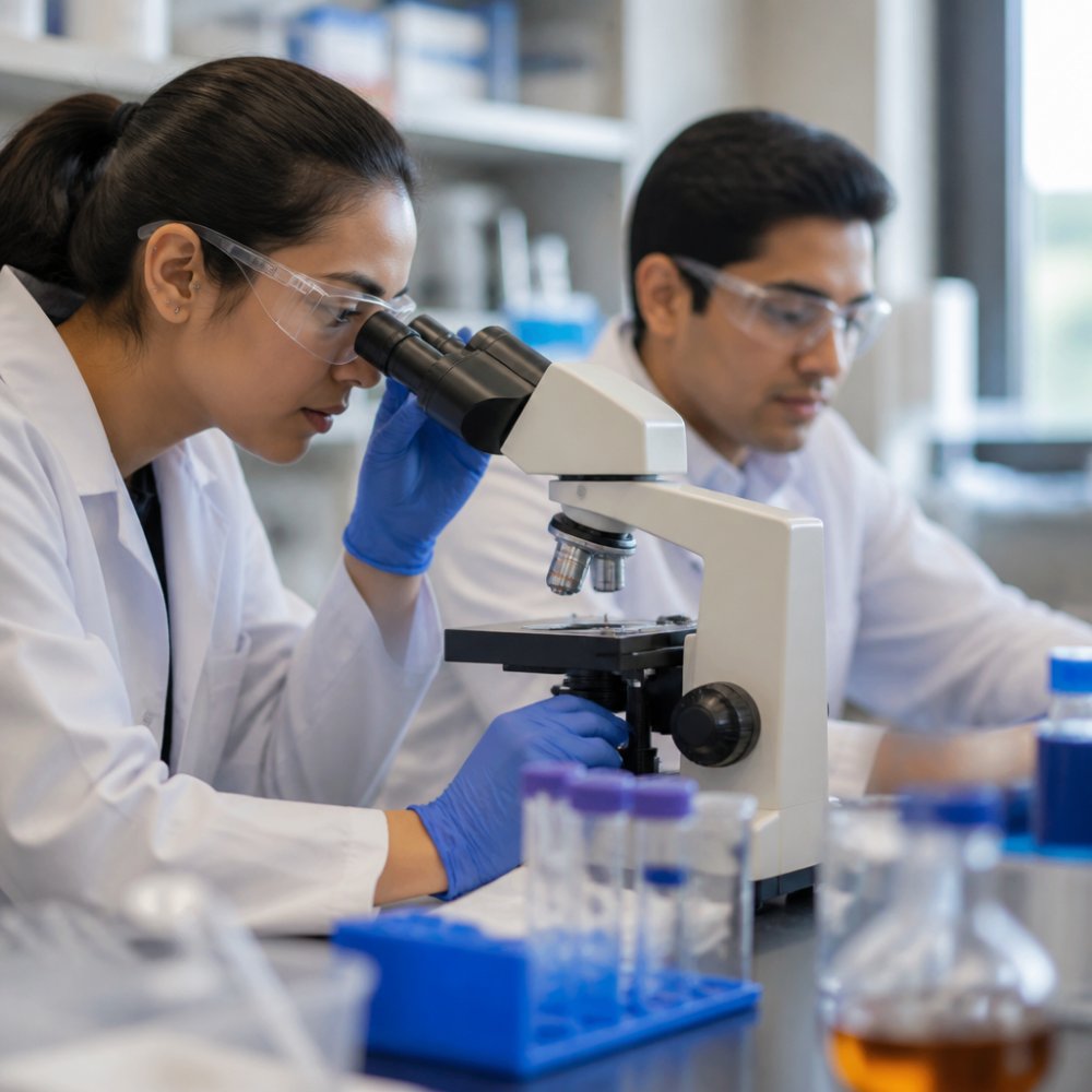 A researcher in a laboratory setting examining a sample under a microscope, with a laptop displaying cellular data in the background