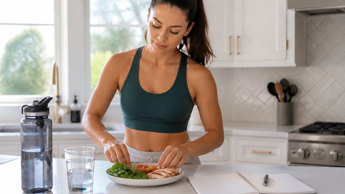 A person in a bright kitchen preparing a small, protein-forward meal with a glass of water and a filled hydration bottle on the counter, meal-tracking notebook open nearby
