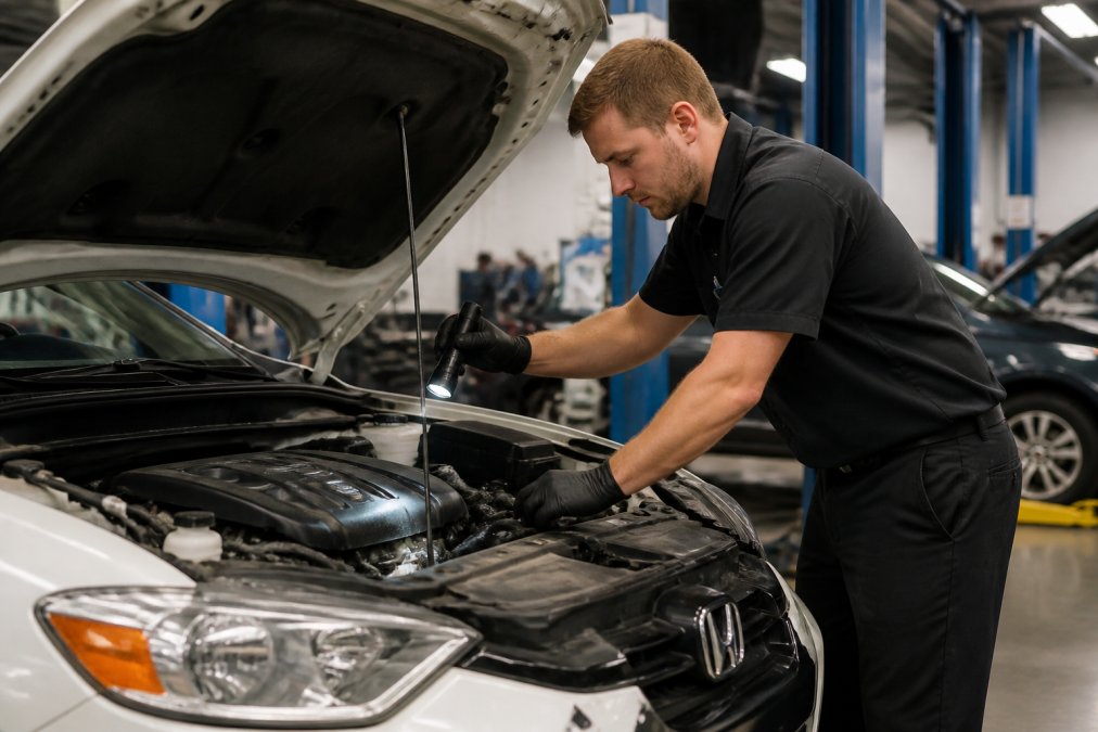 Certified technician performing multi-point inspection on a Mitsubishi vehicle in professional service bay with diagnostic equipment visible in background, natural lighting from overhead fixtures