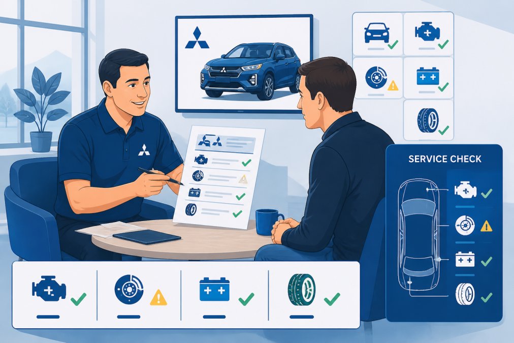 Service advisor discussing repair findings with customer in clean, modern waiting area, showing diagnostic printouts and vehicle components, professional communication in natural lighting