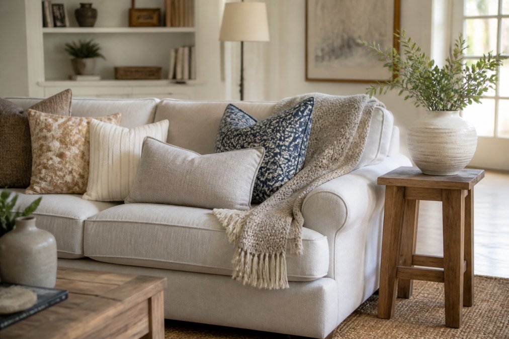 Diagram illustrating mix-and-match home furnishings with layered textiles and decor in a bright living room.