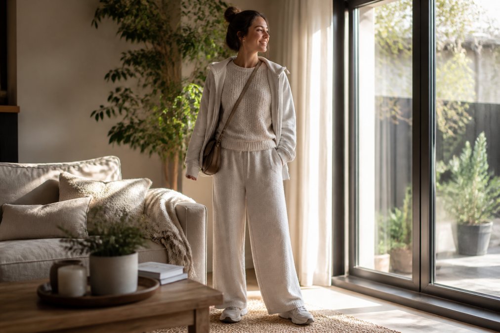 Woman in a waffle-knit pullover paired with flowing wide-leg sweatpants, layered with a lightweight zip-up hoodie draped over her shoulders, standing in a sunlit living room with sneakers and a crossbody bag nearby