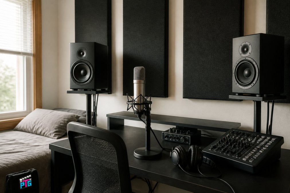 Compact home studio setup with an audio interface, condenser microphone mounted on a desk stand, acoustic panels on the wall behind the setup, and studio monitors on isolated stands in a bedroom with natural window lighting