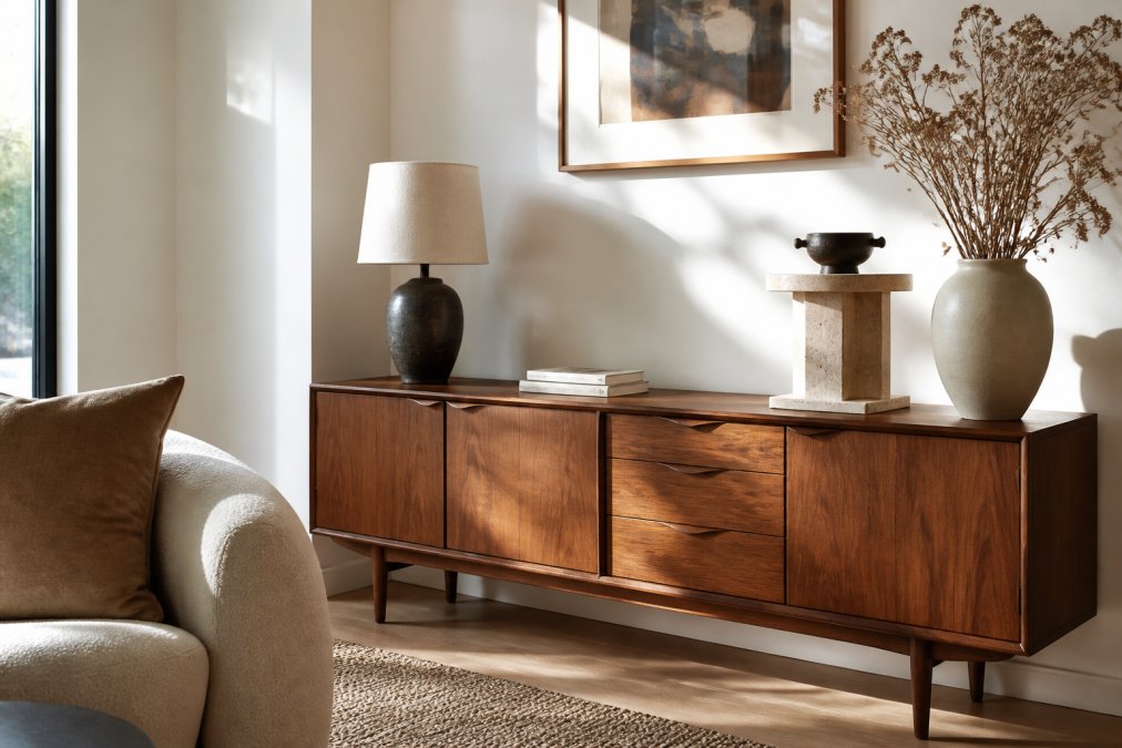 Infographic showing steps to style vintage and luxury furniture in a modern home decor layout