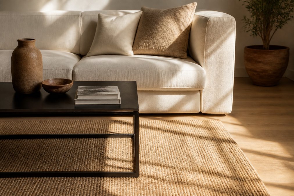 A stylish living room corner featuring a plush cream high-end sofa paired with a simple black iron coffee table and a textured jute area rug, warm afternoon sunlight casting soft shadows across the floor
