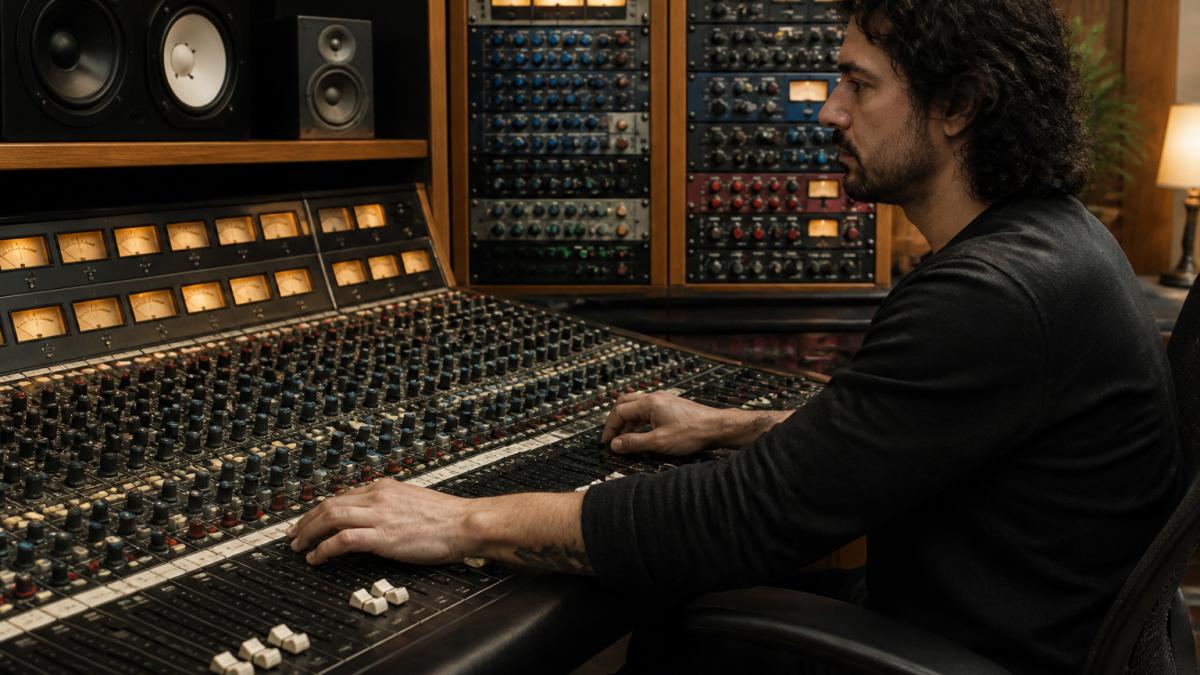 Music producer adjusting faders on an analog console while mixing vs mastering a track in a pro studio.