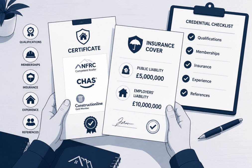 Close-up of hands holding roofer's certification documents and insurance papers on a work table, with clipboard and pen nearby, natural office lighting