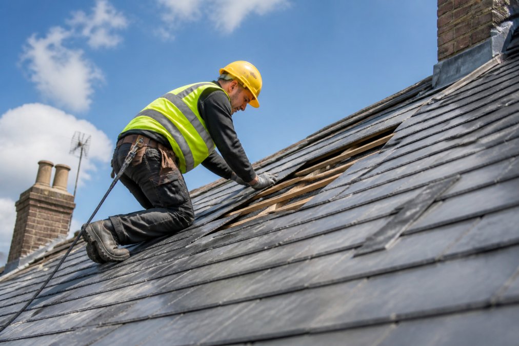 Professional roofer working safely on pitched roof during daylight, wearing full safety gear with clear sky visible