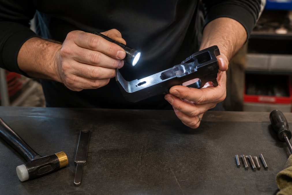Close-up of hands carefully inspecting an MKE lower receiver for tolerance stacking issues, examining the trigger group pocket with a flashlight under bright work lighting