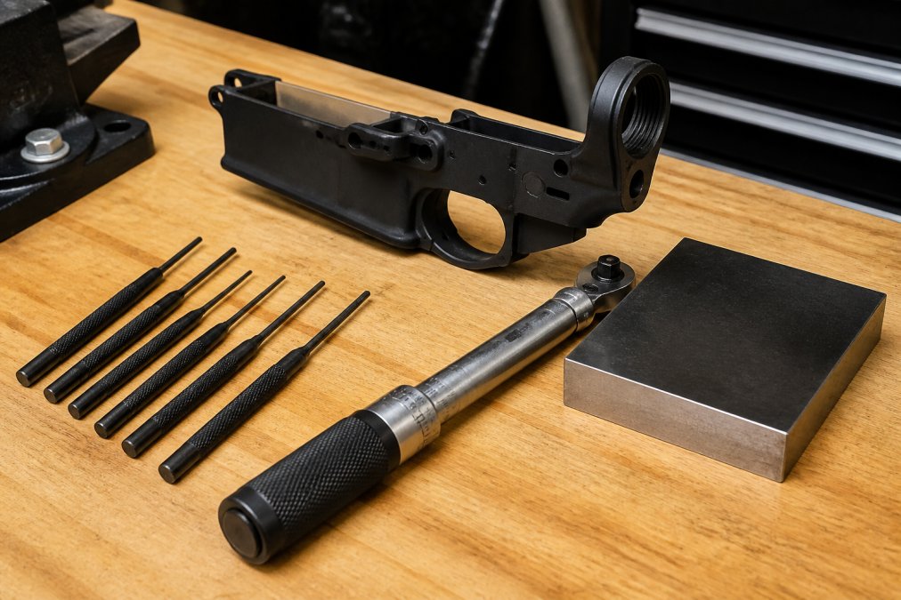 Precision tools arranged on a workbench next to an MKE lower receiver ready for assembly under warm shop lighting