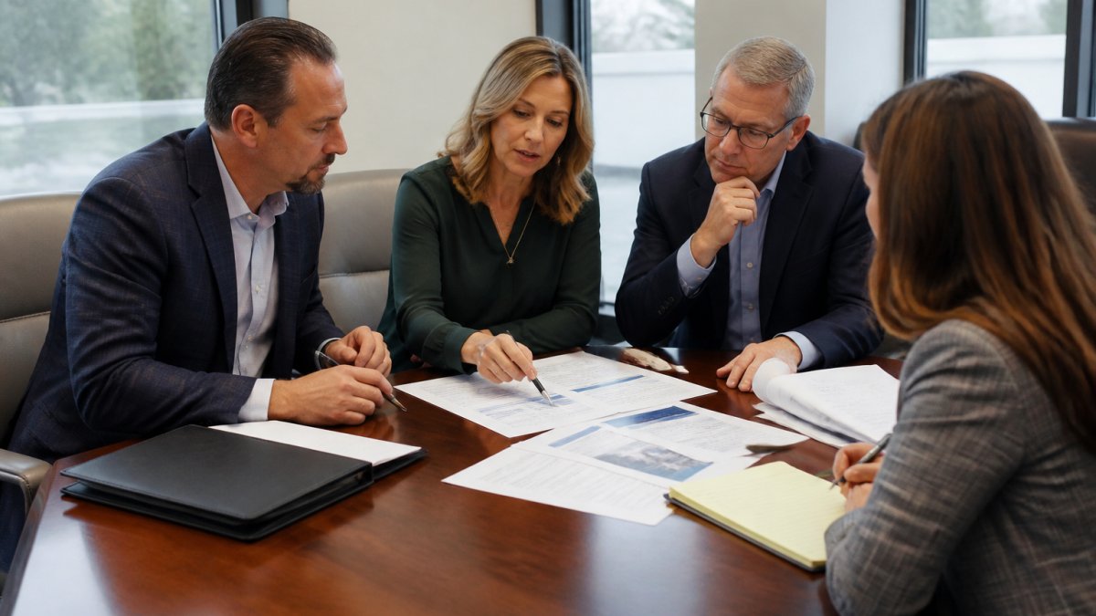 A small group of real estate executives in a bright conference room reviewing printed proposal documents and a laptop, one person pointing at a page while others take notes