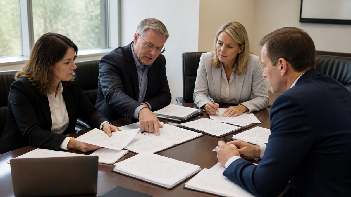 A small group of association executives and a consultant reviewing printed governance documents around a conference table in a bright boardroom, laptops open, one person pointing at a page