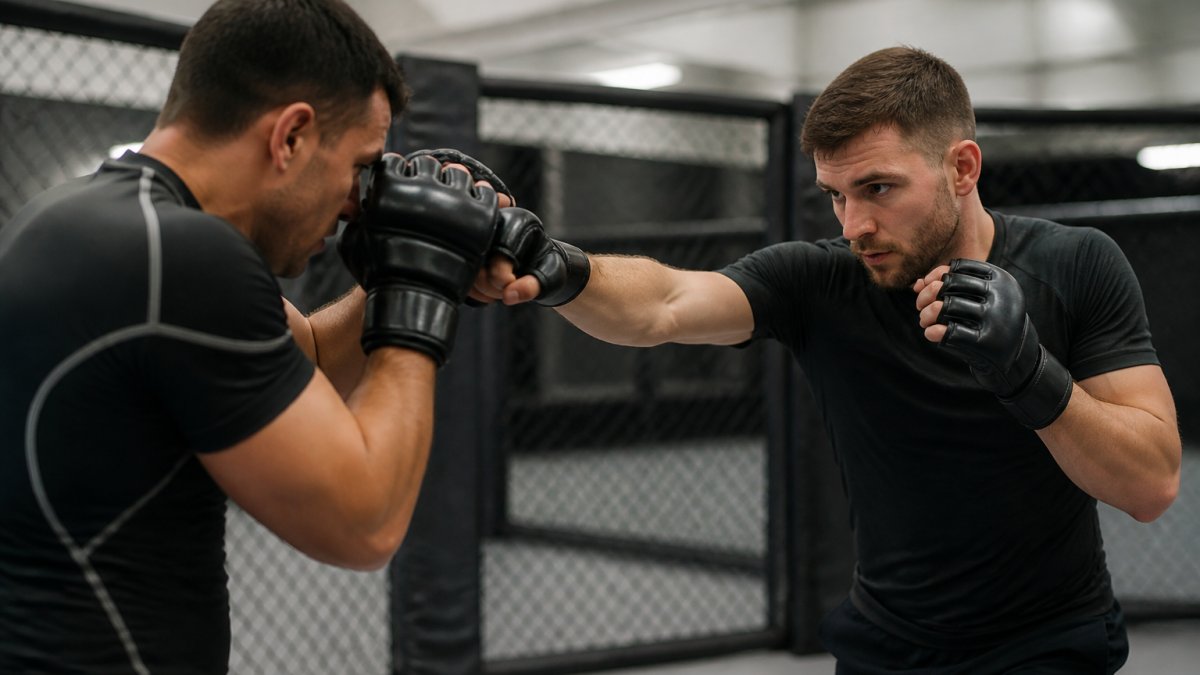 Twee MMA-sporters in trainingsring die voorzichtig sparren met nieuwe handschoenen, waarbij hun handen en polsen duidelijk zichtbaar zijn terwijl ze gecontroleerde stoten uitwisselen onder zachte verlichting