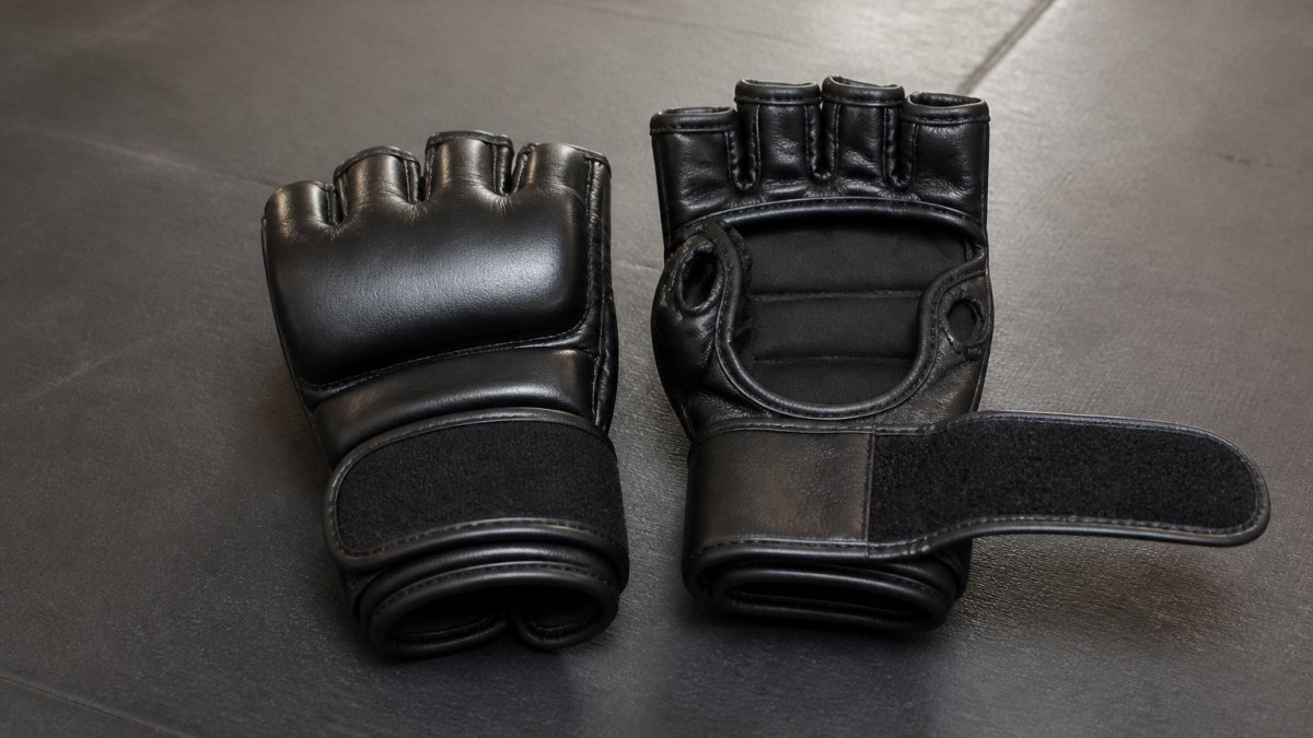 Twee MMA handschoenen naast elkaar op een trainingsmat, met focus op de open handpalm-ontwerp en klittenbandsluiting details