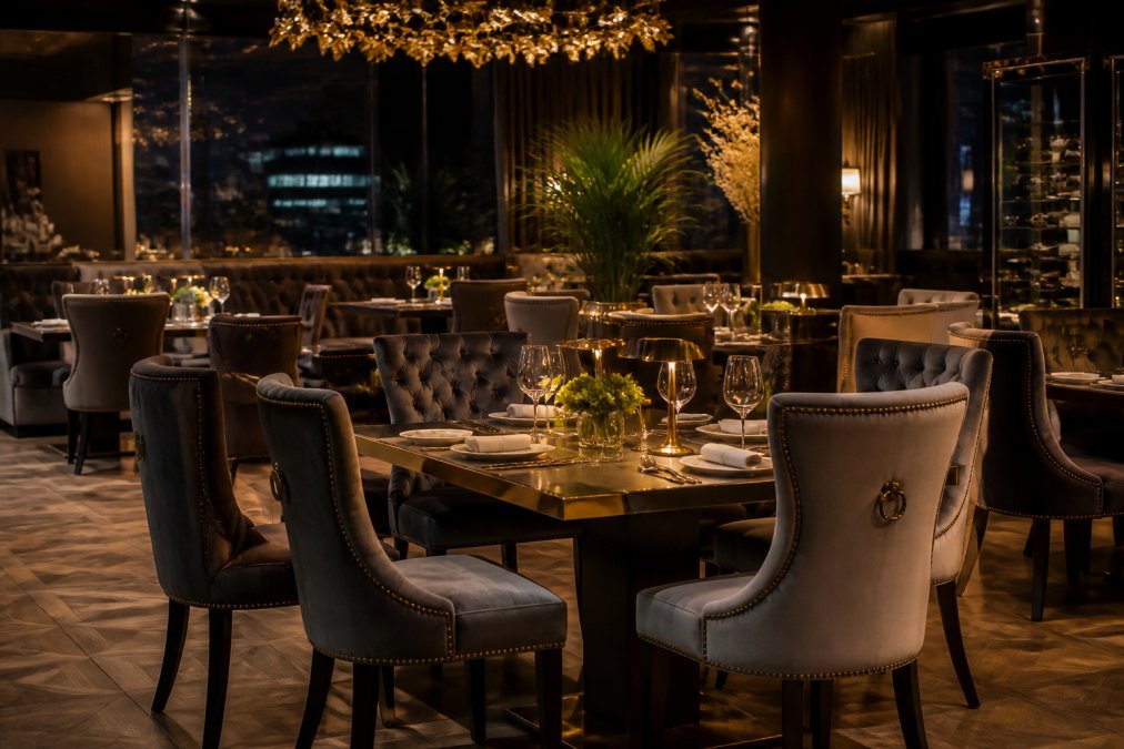 Ein eleganter, luxuriöser Gastraum eines Fine-Dining-Restaurants mit opulenten Polsterstühlen, edlen Tischen und stimmungsvoller Beleuchtung