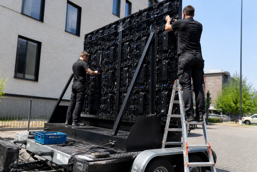 Twee technici monteren een groot LED-scherm op een aanhangwagen op een stedelijke locatie, met gereedschap en kabels zichtbaar, helder daglicht