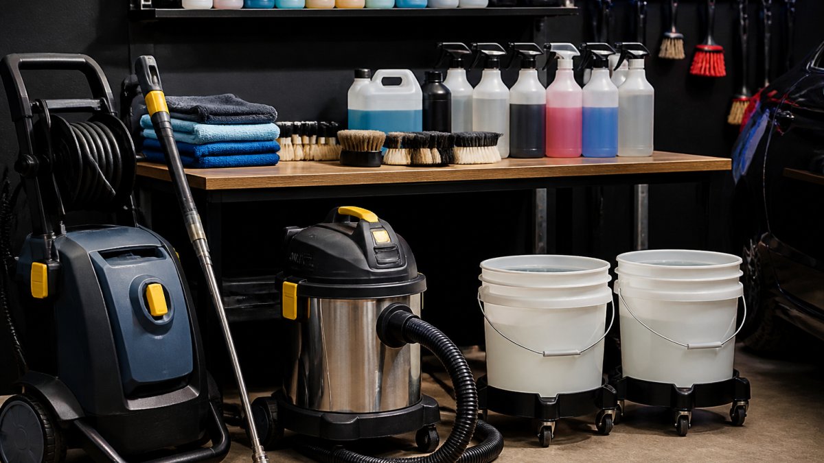 Professionele reinigingsapparatuur en materialen netjes geordend op een werkbank in een verlichte werkplaats
