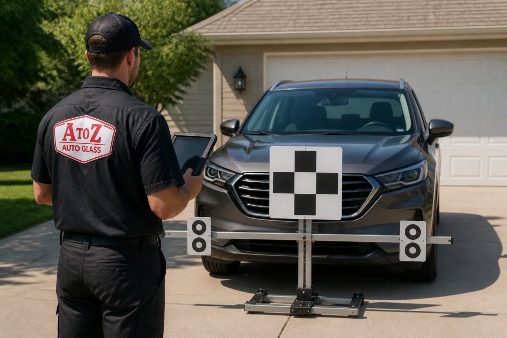 Technician using a diagnostic tablet for mobile ADAS calibration on an SUV parked in a residential driveway
