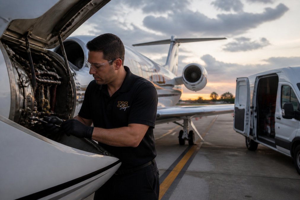 An FAA-certified A&P technician in a branded work shirt and safety glasses inspecting the open engine cowling of a parked private jet on a South Florida tarmac at dusk, mobile tool van visible in the background with its side door open