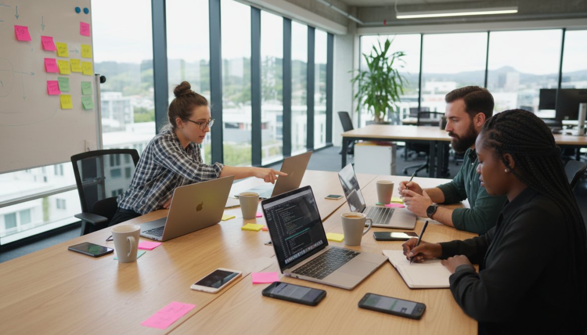 A small team of mobile app developers collaborating around a table with laptops, sticky notes, and smartphones in a bright, open-plan Auckland office, afternoon light filtering through large windows