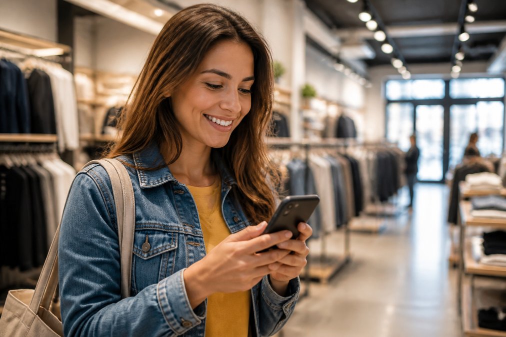Smiling shopper checking mobile app features for customer loyalty rewards on a smartphone in a retail store