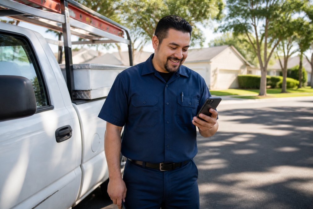 Field technician using mobile app features for field service technicians while checking a work order by his truck