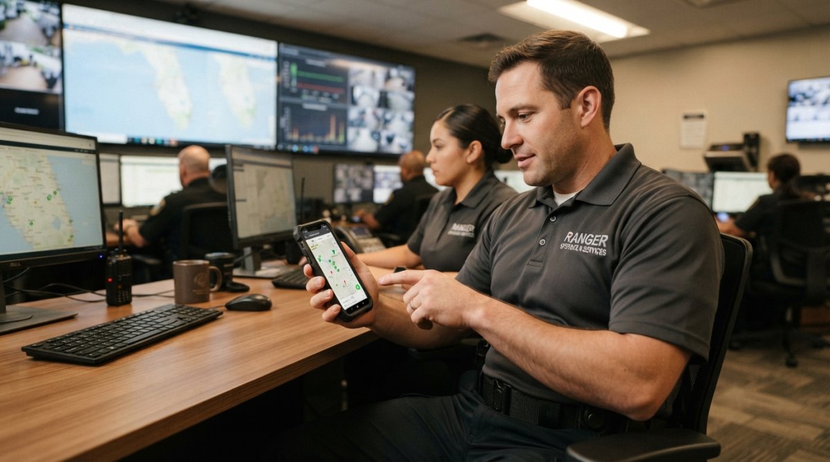 Professional security guard reviewing real-time location data and patrol completion status on mobile app in modern command center with multiple monitors
