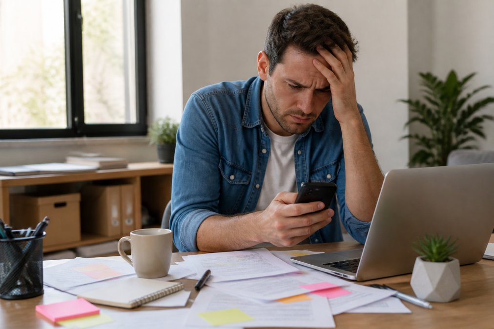 A small business owner sitting at a desk with a laptop and scattered marketing notes, looking at a smartphone with a frustrated expression, natural daylight from a nearby window