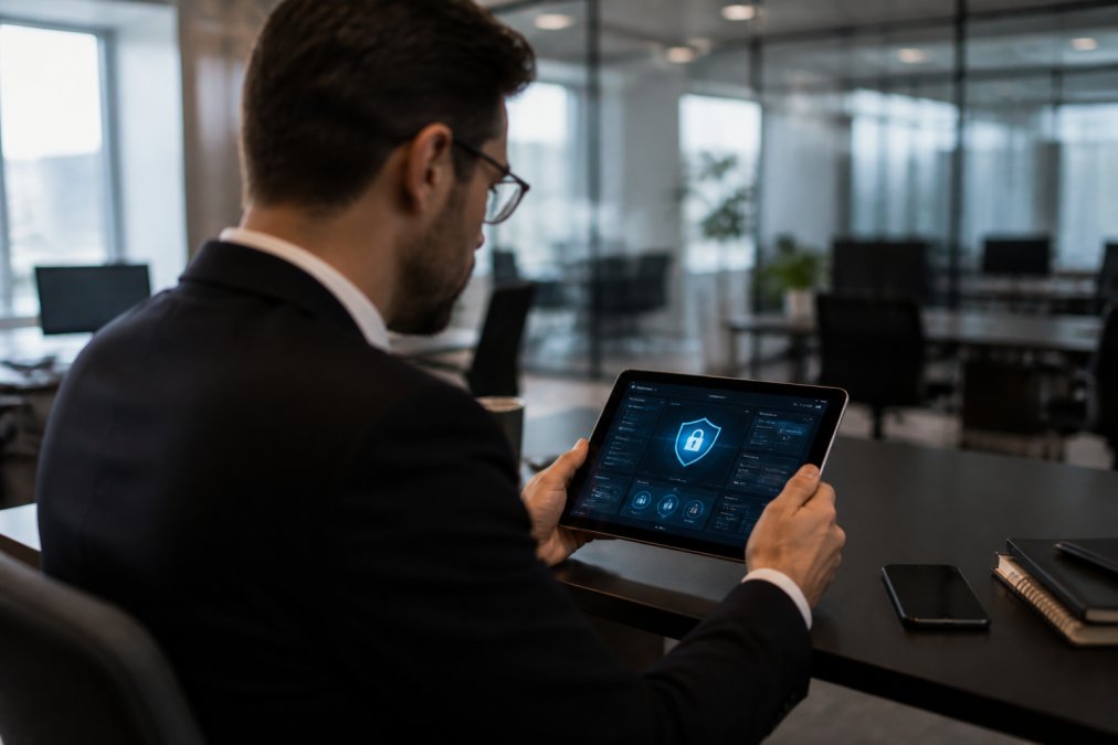 Business professional reviewing mobile app security metrics on a tablet in a modern office, with security dashboard visible on screen