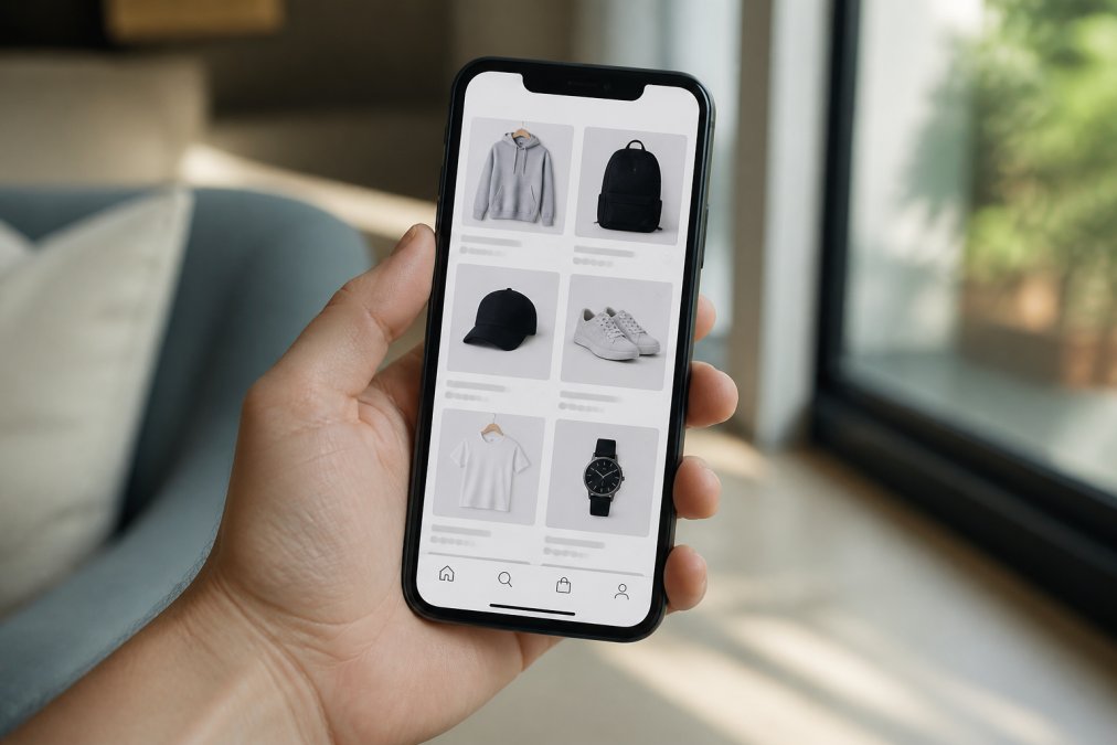Smartphone screen displaying a fast-loading e-commerce app with product listings and smooth scrolling interface in natural daylight