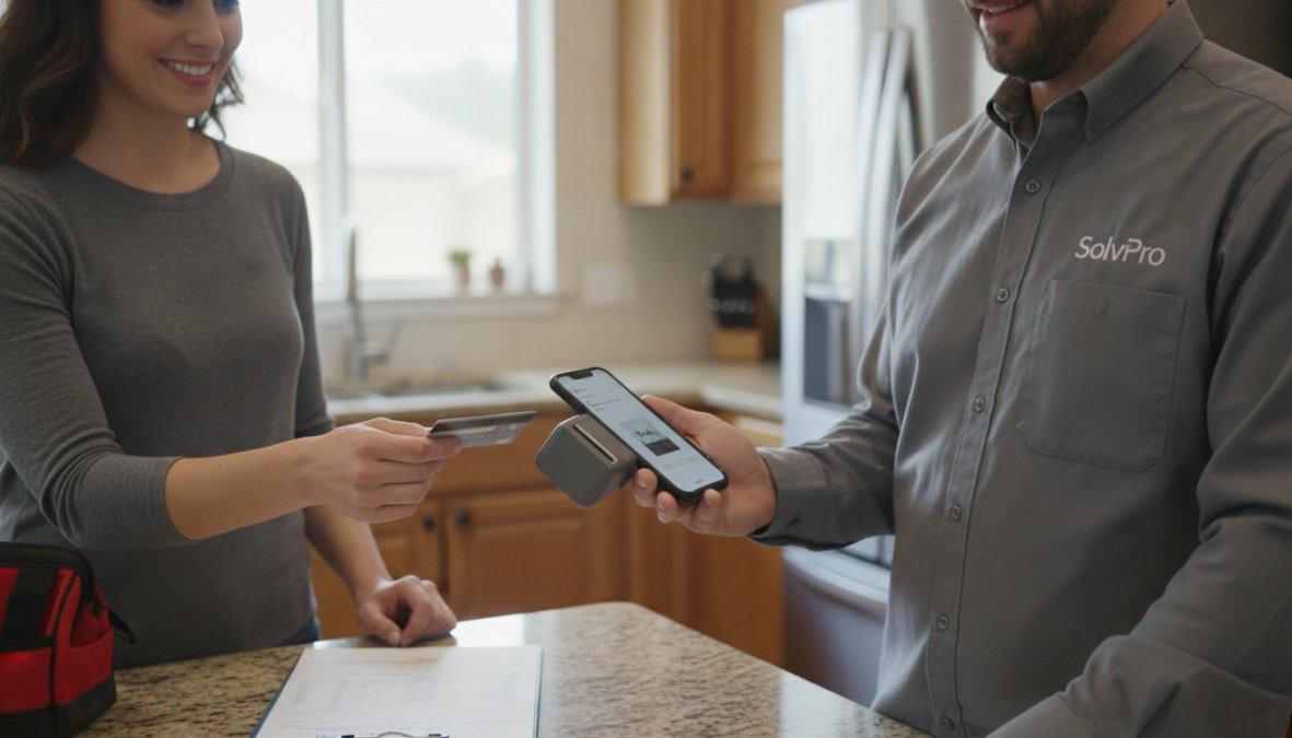 Service technician holding smartphone with card reader attachment, processing payment at customer's residential entrance with afternoon sunlight