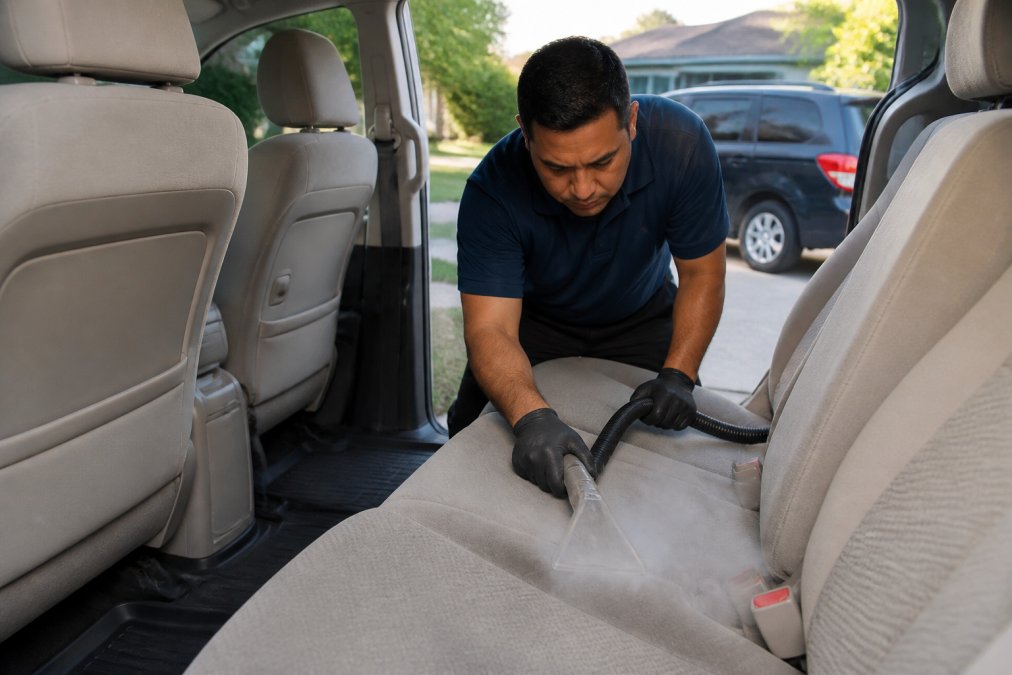 Professional detailer using steam cleaning equipment on minivan interior upholstery, with family vehicle visible in background during at-home service, natural daylight illuminating the interior cabin