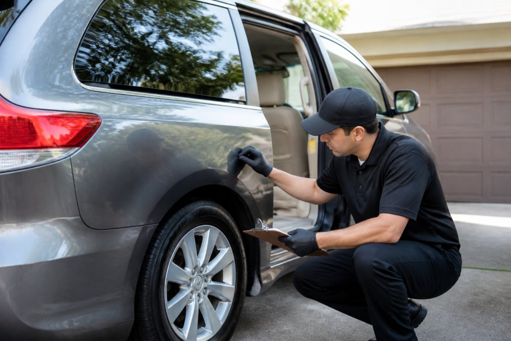 Skilled professional detailer inspecting minivan exterior and interior with clipboard in hand, demonstrating meticulous assessment and quality standards in residential driveway setting