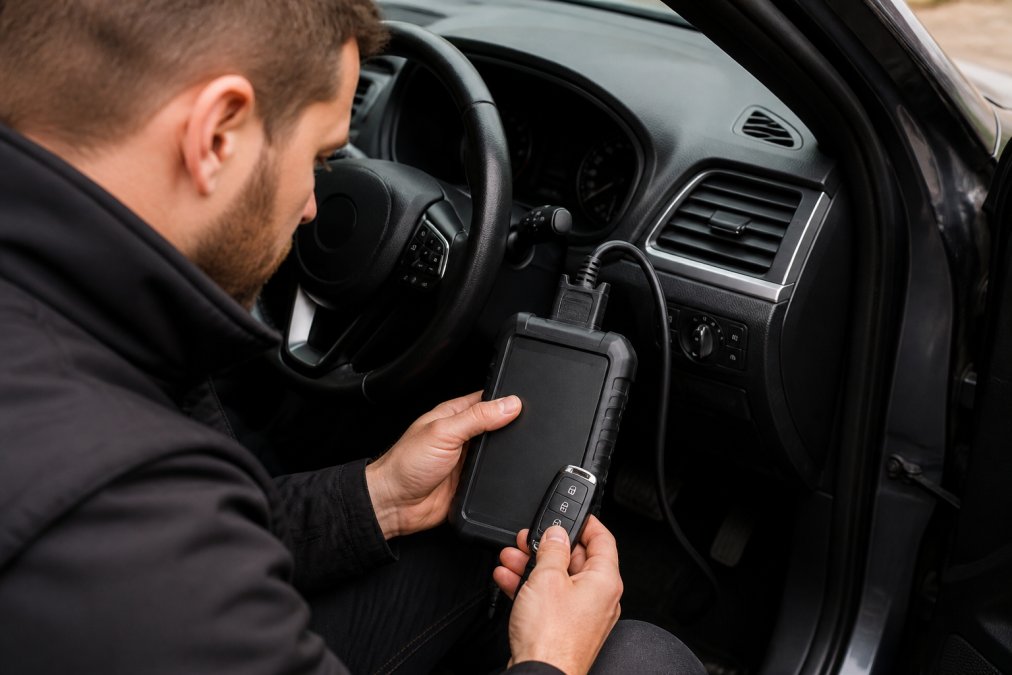 Close-up of mobile locksmith's hands using diagnostic scanner connected to vehicle's OBD port whilst programming a replacement car key fob inside a vehicle