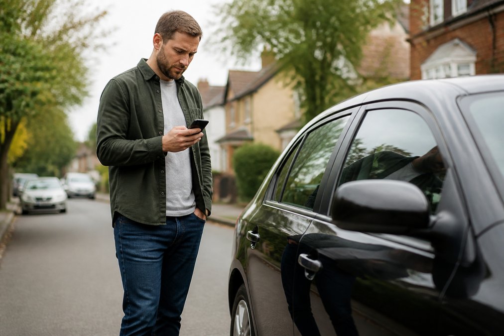 A person standing beside a locked car door in daylight, looking at their phone to call for help, with a residential street in the background