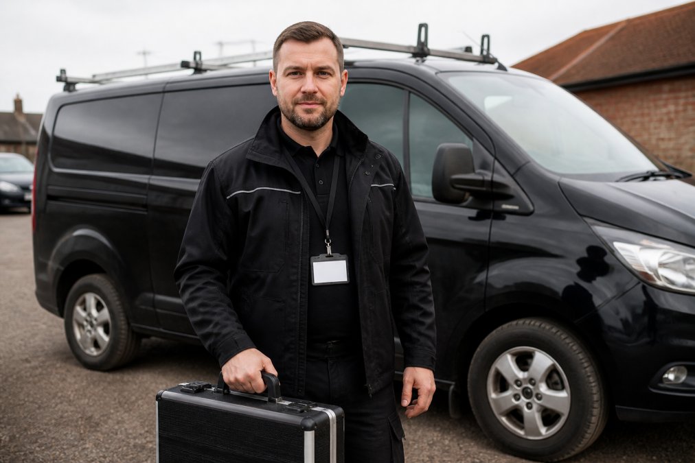 A uniformed locksmith with professional ID badge and toolkit, standing in front of a branded vehicle, appearing trustworthy and credentialed