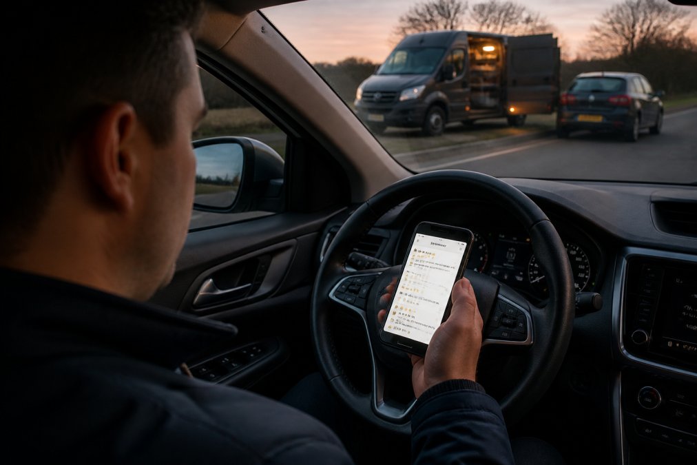 Driver checking mobile auto locksmith services reviews on a phone screen while parked at dusk